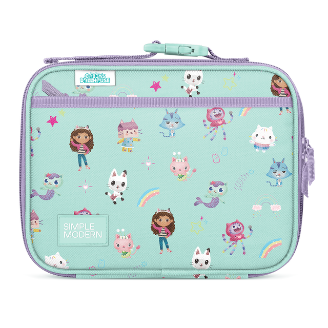 Soft mint green insulated lunch bag with lavender purple zipper, trim, and handles Soft mint green insulated lunch bag with lavender purple zipper, trim, and handles