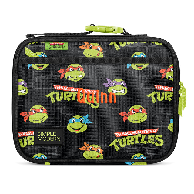 Black insulated lunch box with lime green zippered handle featuring Teenage Mutant Ninja Turtles cartoon characters with colored eye masks, Simple Modern logo, shown against white background. Black insulated lunch box with lime green zippered handle featuring Teenage Mutant Ninja Turtles cartoon characters with colored eye masks, Simple Modern logo, shown against white background.