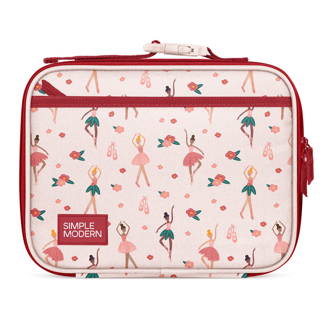 Simple Modern insulated lunch box with cream background, burgundy trim, and all-over ballet-themed pattern featuring silhouetted ballerinas, pointe shoes, and roses in coral, teal, gold, and brown accents. Simple Modern insulated lunch box with cream background, burgundy trim, and all-over ballet-themed pattern featuring silhouetted ballerinas, pointe shoes, and roses in coral, teal, gold, and brown accents.