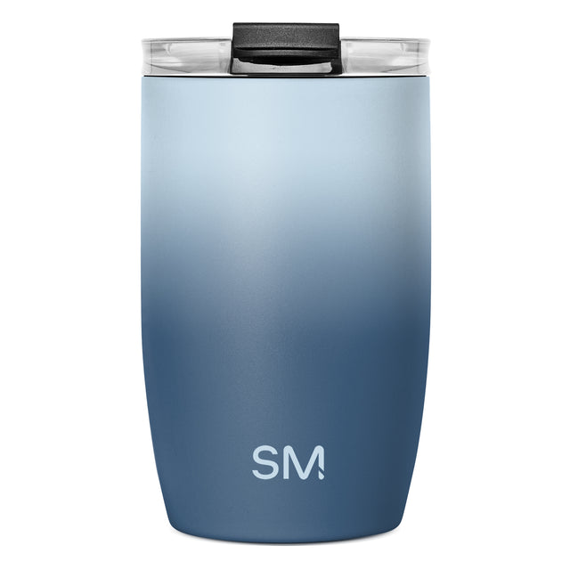 Blue gradient stainless steel tumbler with black lid featuring sliding closure and side handles. Simple Modern logo visible. Double-wall insulated design shown against white background. Blue gradient stainless steel tumbler with black lid featuring sliding closure and side handles. Simple Modern logo visible. Double-wall insulated design shown against white background.
