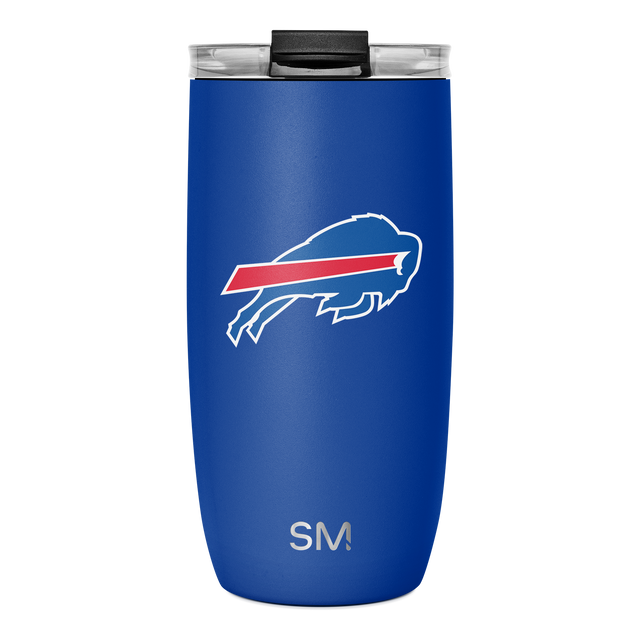 Royal blue tumbler with white text and outline, red diagonal stripe, and black silicone lid. Royal blue tumbler with white text and outline, red diagonal stripe, and black silicone lid.