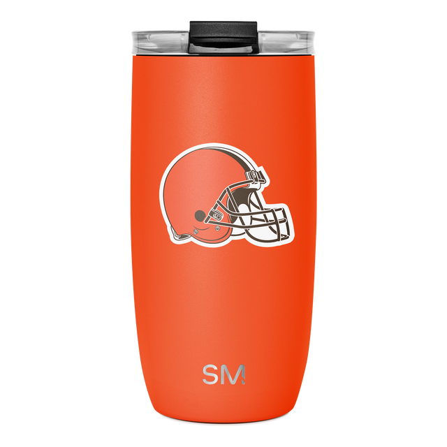Bright orange tumbler with black lid and rim, featuring a football helmet design Bright orange tumbler with black lid and rim, featuring a football helmet design