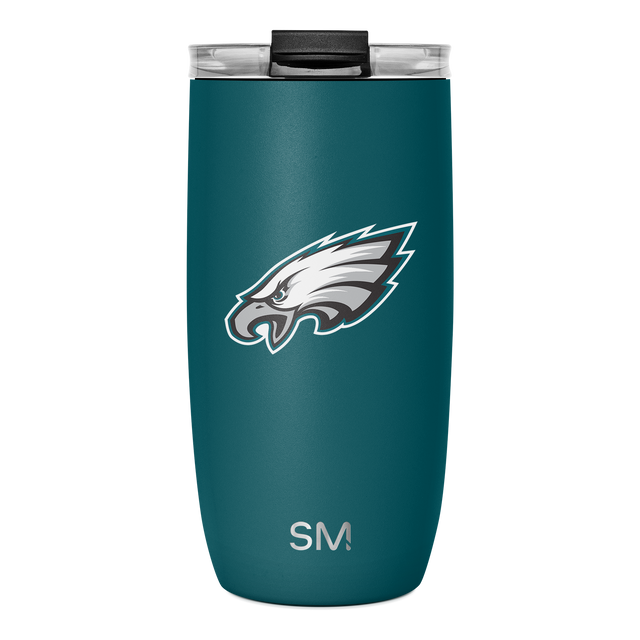 Teal stainless steel tumbler with black matte lid, white and gray logo branding Teal stainless steel tumbler with black matte lid, white and gray logo branding