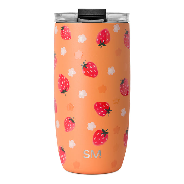 Peach-colored insulated tumbler with bright red strawberries and green leaves design Peach-colored insulated tumbler with bright red strawberries and green leaves design