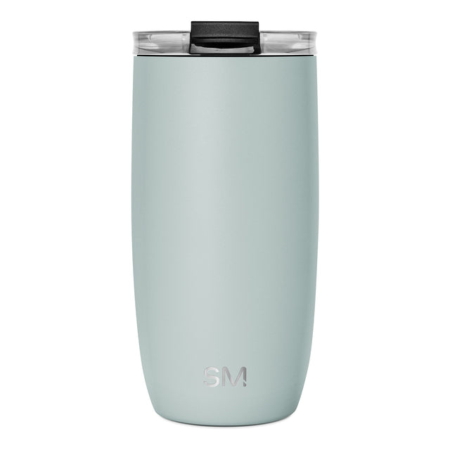 Sage green insulated tumbler with black lid and rim, featuring clear plastic windows showing interior, isolated on white background. Sage green insulated tumbler with black lid and rim, featuring clear plastic windows showing interior, isolated on white background.