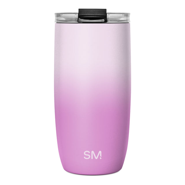 Simple Modern insulated tumbler with lavender-to-magenta gradient, black lid, clear rim, and white SM logo on white background. Simple Modern insulated tumbler with lavender-to-magenta gradient, black lid, clear rim, and white SM logo on white background.