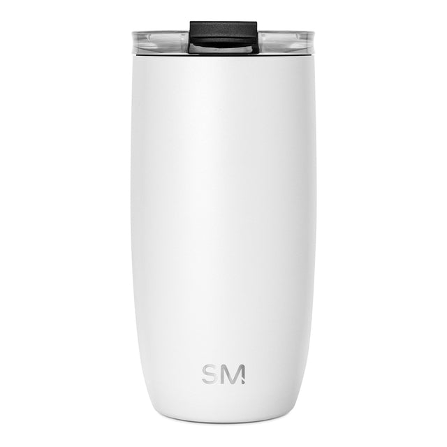 White insulated tumbler with tapered cylindrical design and matte finish, centered against white background. White insulated tumbler with tapered cylindrical design and matte finish, centered against white background.