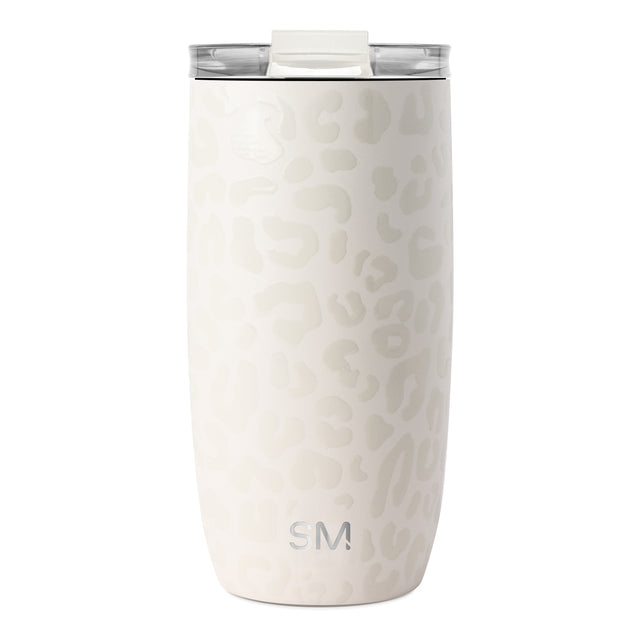 White textured tumbler with light cream lid and translucent smoke-gray flip-top closure White textured tumbler with light cream lid and translucent smoke-gray flip-top closure