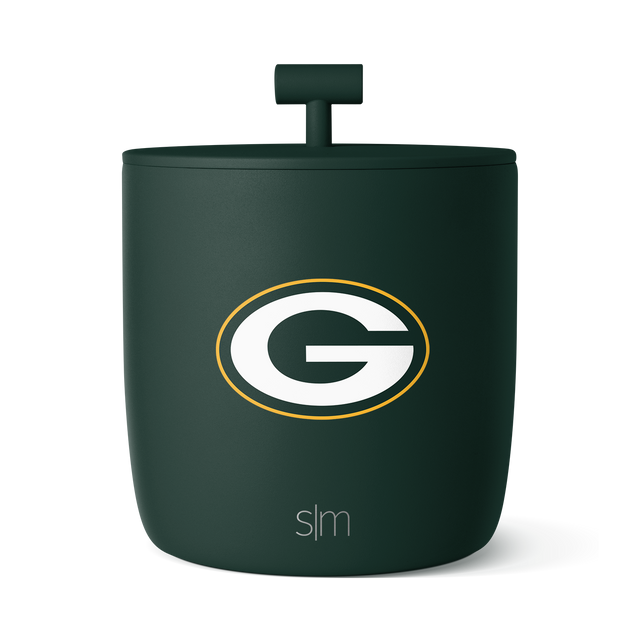 Dark forest green cylindrical container with white and golden yellow accents and text labeling Dark forest green cylindrical container with white and golden yellow accents and text labeling