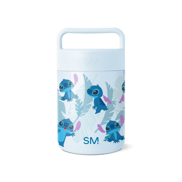 Pale blue insulated food jar with sliding lid and handle, featuring repeating animated blue alien characters with purple-pink ears surrounded by tropical foliage, Simple Modern logo visible, white background. Pale blue insulated food jar with sliding lid and handle, featuring repeating animated blue alien characters with purple-pink ears surrounded by tropical foliage, Simple Modern logo visible, white background.