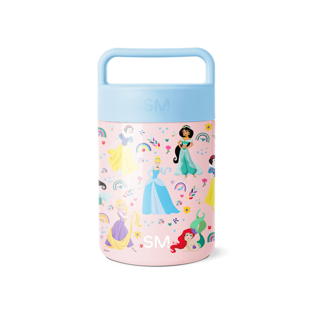 Simple Modern food jar with light blue lid and handle, pink body featuring Disney Princess characters including Snow White, Cinderella, Jasmine, Ariel, and Rapunzel with rainbows, flowers, stars, and hearts design. Simple Modern food jar with light blue lid and handle, pink body featuring Disney Princess characters including Snow White, Cinderella, Jasmine, Ariel, and Rapunzel with rainbows, flowers, stars, and hearts design.