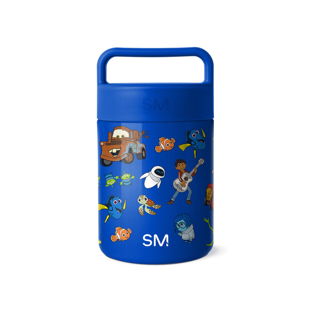 Royal blue insulated food jar by Simple Modern with carry handle, decorated with colorful Disney Pixar characters including Mater, Nemo, Dory, Remy, Miguel, Merida, Woody, and Eve on white background. Royal blue insulated food jar by Simple Modern with carry handle, decorated with colorful Disney Pixar characters including Mater, Nemo, Dory, Remy, Miguel, Merida, Woody, and Eve on white background.