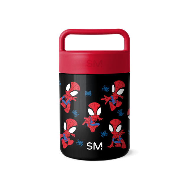 Simple Modern food jar with red lid and handle, black lower body featuring Spider-Man characters in red and blue with white spider web graphics and SM logo on white background. Simple Modern food jar with red lid and handle, black lower body featuring Spider-Man characters in red and blue with white spider web graphics and SM logo on white background.