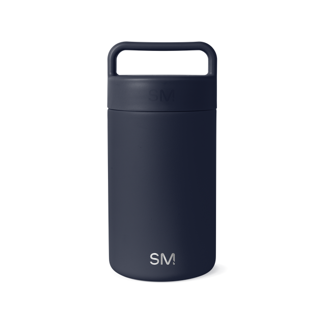 Deep navy blue jar with white SM logo branding and accents Deep navy blue jar with white SM logo branding and accents