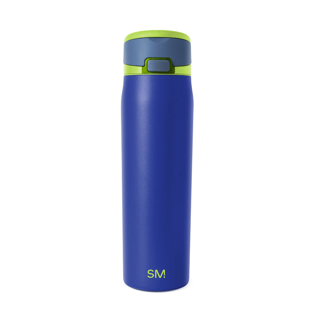 Royal blue insulated water bottle with lime green lid and mid-section band, featuring Simple Modern logo, shown against white background. Royal blue insulated water bottle with lime green lid and mid-section band, featuring Simple Modern logo, shown against white background.