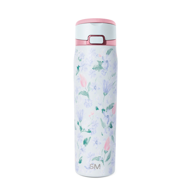 White insulated water bottle with pink rim and lid featuring watercolor lavender, blue, and pink flowers with green and teal leaves. Simple Modern SM logo on lower front. Push-button lid with burgundy clasp. White insulated water bottle with pink rim and lid featuring watercolor lavender, blue, and pink flowers with green and teal leaves. Simple Modern SM logo on lower front. Push-button lid with burgundy clasp.