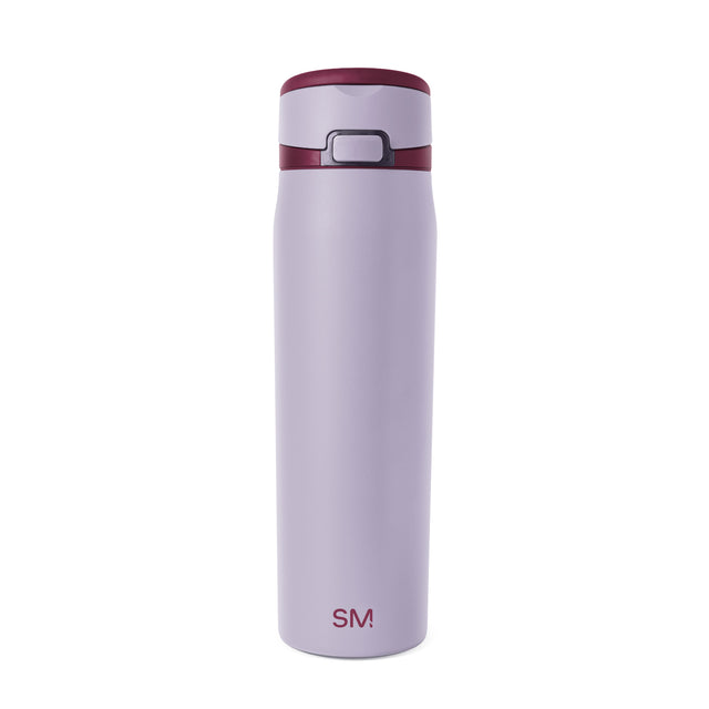 Lavender-lilac insulated tumbler with deep burgundy accent bands at the rim and middle section Lavender-lilac insulated tumbler with deep burgundy accent bands at the rim and middle section