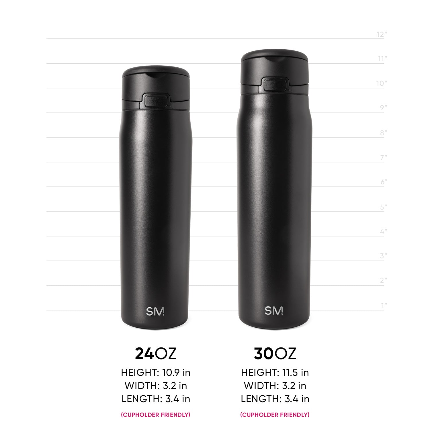 Two matte black cylindrical drinkware vessels with subtle metallic sheen and light reflections on surfaces, shown for product measurement reference.