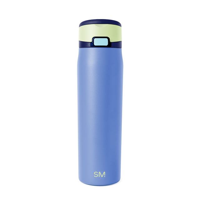 Tall cylindrical insulated tumbler with periwinkle blue body and color-block design on white background Tall cylindrical insulated tumbler with periwinkle blue body and color-block design on white background