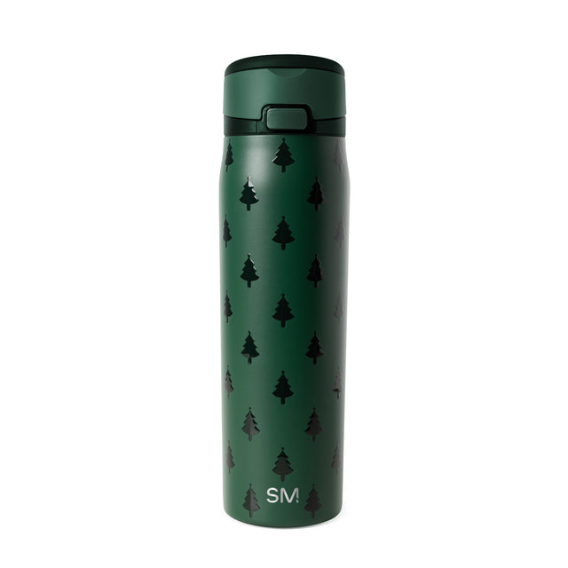Forest green water bottle with black tree design and lid, displayed against neutral background Forest green water bottle with black tree design and lid, displayed against neutral background