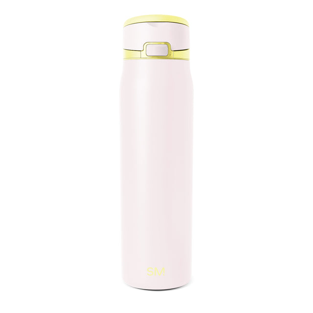 Pink insulated water bottle with yellow lid and center band featuring a push-button mechanism, set against white background. Simple Modern logo visible on bottle body. Pink insulated water bottle with yellow lid and center band featuring a push-button mechanism, set against white background. Simple Modern logo visible on bottle body.