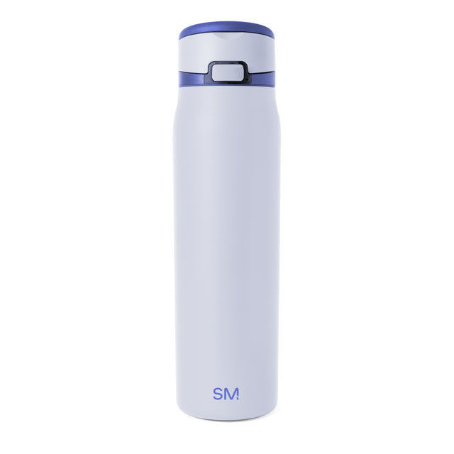 Soft pale blue-gray bottle with royal blue bands at top rim and middle section, featuring two-tone design accent. Soft pale blue-gray bottle with royal blue bands at top rim and middle section, featuring two-tone design accent.