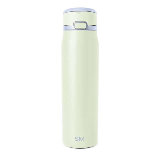 Pale mint green insulated water bottle with lavender blue lid and matching middle band, featuring a central button mechanism and SM logo, isolated on white background. Pale mint green insulated water bottle with lavender blue lid and matching middle band, featuring a central button mechanism and SM logo, isolated on white background.