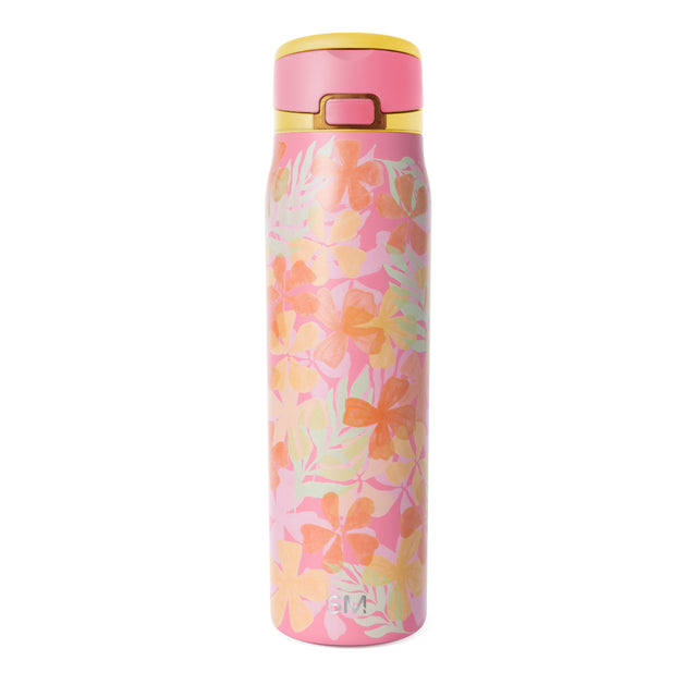 Pink insulated water bottle with floral botanical print in coral, peach, and green tones, featuring yellow rim, flip-top lid with handle, and Simple Modern logo. Pink insulated water bottle with floral botanical print in coral, peach, and green tones, featuring yellow rim, flip-top lid with handle, and Simple Modern logo.