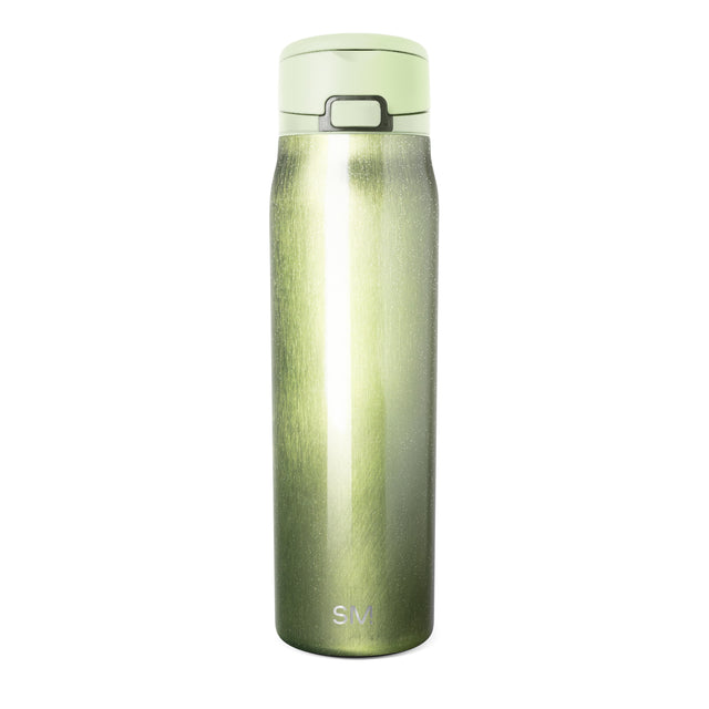 Tall cylindrical insulated water bottle with pale green lid and brushed stainless steel body in gradient sage to olive green. Condensation beads visible. Simple Modern logo on front. White background. Tall cylindrical insulated water bottle with pale green lid and brushed stainless steel body in gradient sage to olive green. Condensation beads visible. Simple Modern logo on front. White background.