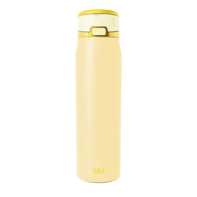 Cream-colored insulated water bottle with gold-tone cap and carry loop, featuring Simple Modern SM logo, shown against white background. Cream-colored insulated water bottle with gold-tone cap and carry loop, featuring Simple Modern SM logo, shown against white background.