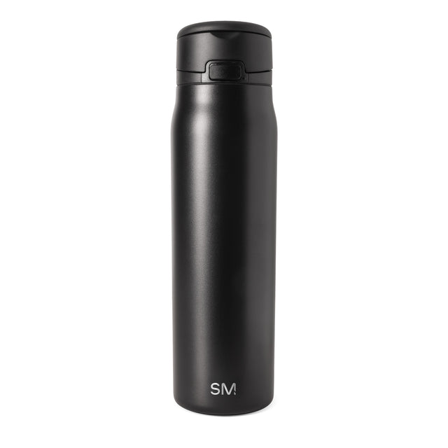 Matte black bottle with SM logo in silver on white background Matte black bottle with SM logo in silver on white background
