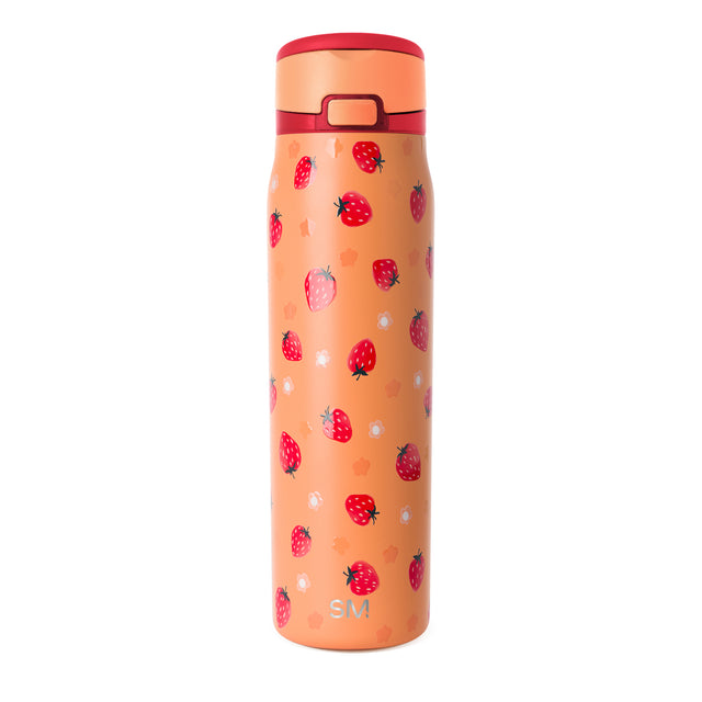 Peachy-coral cosmetic bottle with ruby red lid and rim, decorated with bright red strawberries and dark green leaves Peachy-coral cosmetic bottle with ruby red lid and rim, decorated with bright red strawberries and dark green leaves