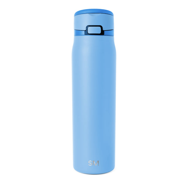 Soft pale blue cylindrical product with darker blue cap and navy accent band around middle Soft pale blue cylindrical product with darker blue cap and navy accent band around middle