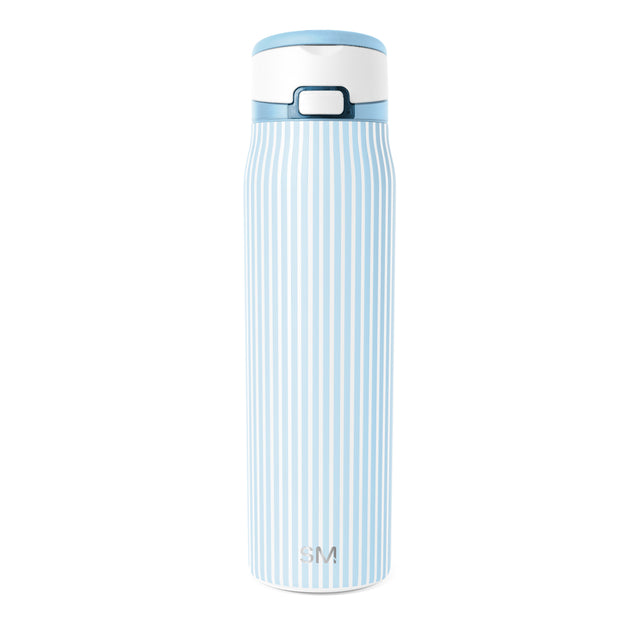 Light blue and white vertically striped Simple Modern insulated water bottle on white background Light blue and white vertically striped Simple Modern insulated water bottle on white background