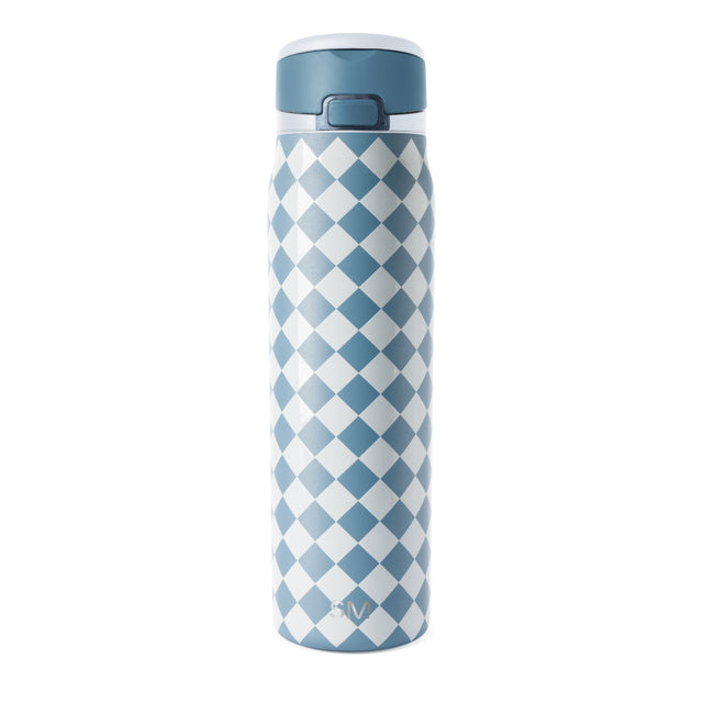 Blue-gray water bottle with geometric diamond pattern in cream white and slate blue stripes, cylindrical shape with matching top lid Blue-gray water bottle with geometric diamond pattern in cream white and slate blue stripes, cylindrical shape with matching top lid