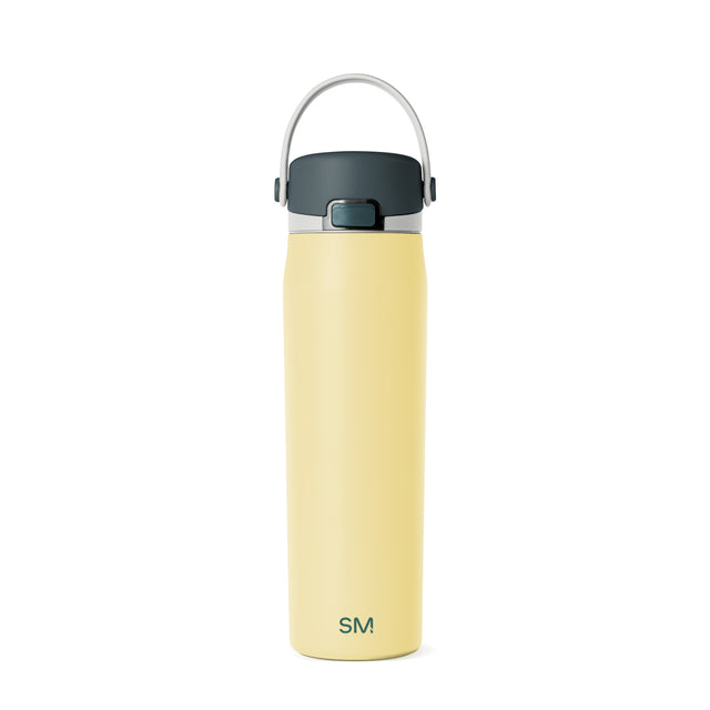 Pale butter yellow water bottle with dark charcoal gray band near the top and white or light gray accents Pale butter yellow water bottle with dark charcoal gray band near the top and white or light gray accents