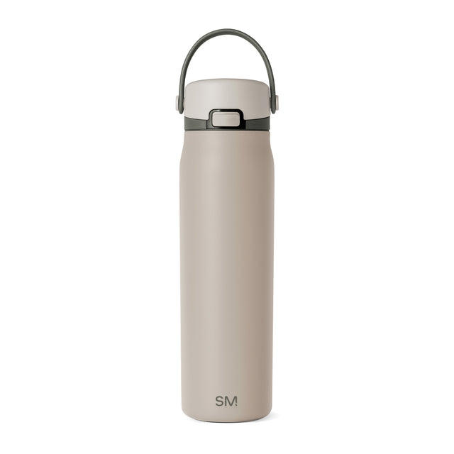 Beige insulated water bottle with charcoal gray and dark sage green hardware accents Beige insulated water bottle with charcoal gray and dark sage green hardware accents