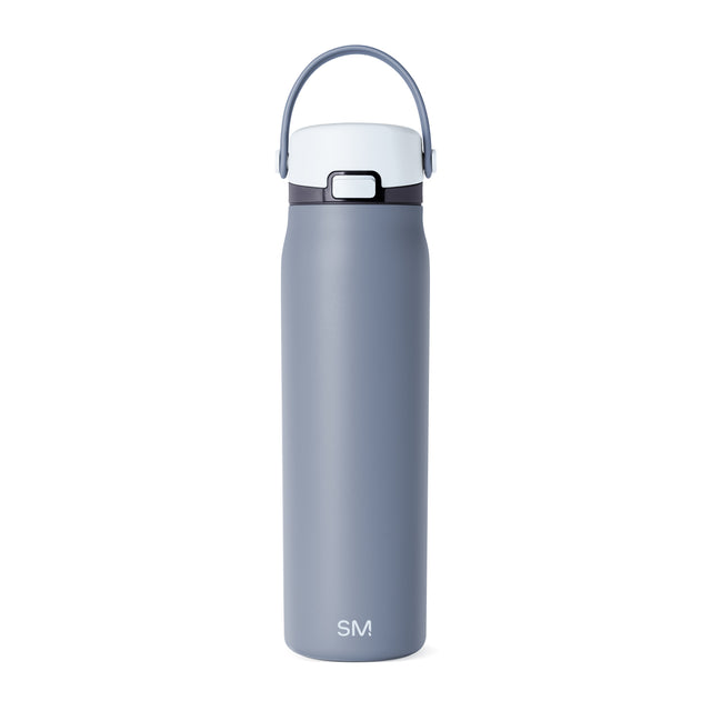 Slate blue water bottle with white lid and dark gray accents, featuring a modern design with curved contours and secure cap closure. Slate blue water bottle with white lid and dark gray accents, featuring a modern design with curved contours and secure cap closure.