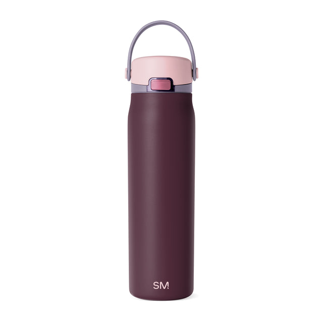 Insulated water bottle with deep burgundy cylindrical body and dusty pink top section in two-tone color blocking design. Insulated water bottle with deep burgundy cylindrical body and dusty pink top section in two-tone color blocking design.