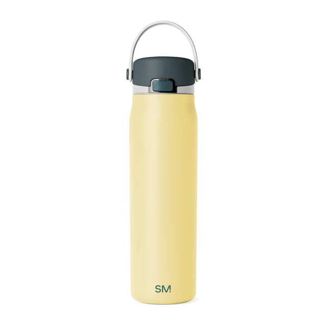 Pale yellow insulated water bottle with dark charcoal top and cylindrical shape, displayed against a neutral background for product view. Pale yellow insulated water bottle with dark charcoal top and cylindrical shape, displayed against a neutral background for product view.