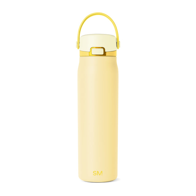 Soft pale yellow water bottle with bright yellow-gold carrying handle and band detail Soft pale yellow water bottle with bright yellow-gold carrying handle and band detail