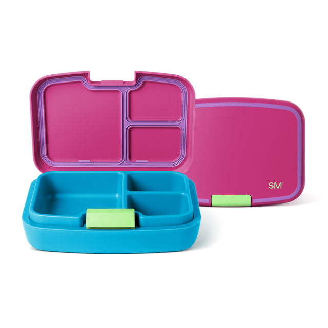 Simple Modern bento lunch container with hot pink hinged lid featuring three compartments and turquoise blue base with two compartments, lime green handles, shown open and closed against white background. Simple Modern bento lunch container with hot pink hinged lid featuring three compartments and turquoise blue base with two compartments, lime green handles, shown open and closed against white background.