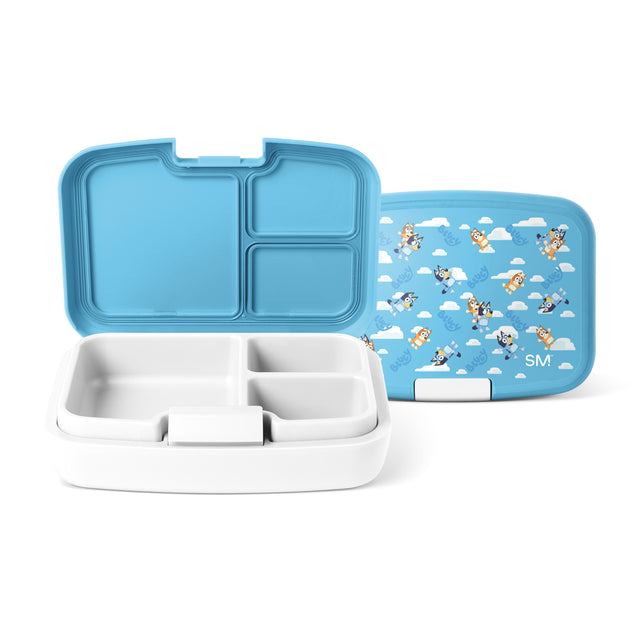 Sky blue Simple Modern lunch box set displayed open and closed, showing white interior compartments and cartoon puppy designs with clouds on the lids. Sky blue Simple Modern lunch box set displayed open and closed, showing white interior compartments and cartoon puppy designs with clouds on the lids.