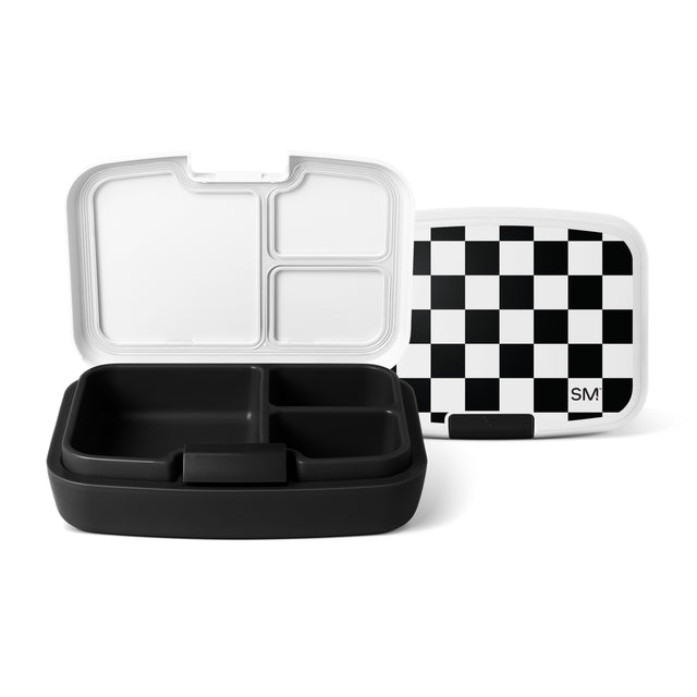 Three Simple Modern lunch containers with black and white compartmentalized bases and lids displayed against a white background. One features a checkered lid with the SM logo. Three Simple Modern lunch containers with black and white compartmentalized bases and lids displayed against a white background. One features a checkered lid with the SM logo.