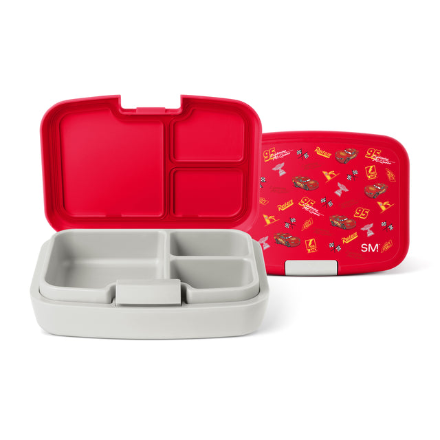 Red and white Simple Modern bento lunchbox with Cars-themed design, shown open and closed. Features multiple compartments, carrying handle, and gold accents on lid against neutral background. Red and white Simple Modern bento lunchbox with Cars-themed design, shown open and closed. Features multiple compartments, carrying handle, and gold accents on lid against neutral background.