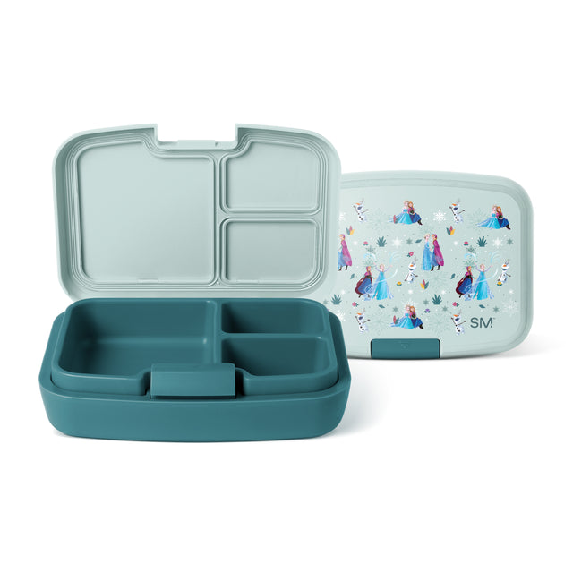 Simple Modern three-compartment bento lunch box in dusty teal with pale green lid, featuring Disney Frozen character design. Product shown open and closed against white background. Simple Modern three-compartment bento lunch box in dusty teal with pale green lid, featuring Disney Frozen character design. Product shown open and closed against white background.