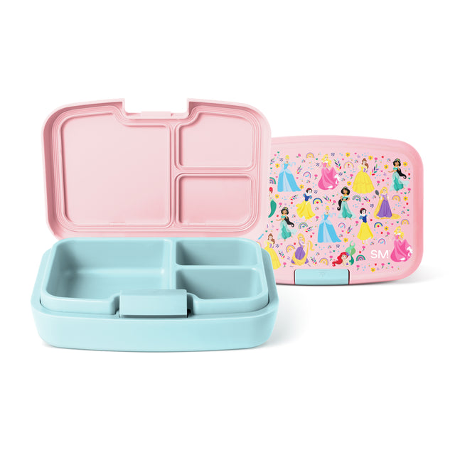 Simple Modern bento lunch box set with aqua blue compartmented container and pink princess-themed lid, shown open and closed against white background. Simple Modern bento lunch box set with aqua blue compartmented container and pink princess-themed lid, shown open and closed against white background.