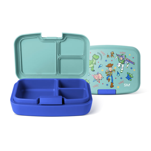 Simple Modern bento lunch box displayed open and closed, showing blue compartmentalized base with storage sections and turquoise lid decorated with Toy Story characters including Buzz Lightyear and Woody. Simple Modern bento lunch box displayed open and closed, showing blue compartmentalized base with storage sections and turquoise lid decorated with Toy Story characters including Buzz Lightyear and Woody.