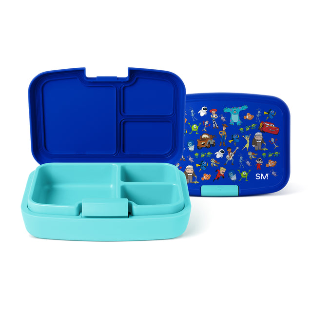 Simple Modern children's lunch box with open turquoise compartmentalized container and royal blue lid featuring colorful Disney and Pixar characters from Toy Story, Finding Nemo, and other films. Simple Modern children's lunch box with open turquoise compartmentalized container and royal blue lid featuring colorful Disney and Pixar characters from Toy Story, Finding Nemo, and other films.