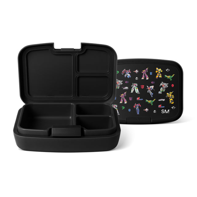 Black bento lunch box with three compartments, open to show interior dividers. Matching lid features colorful robot and transformer character illustrations on dark background. Simple Modern logo visible. Black bento lunch box with three compartments, open to show interior dividers. Matching lid features colorful robot and transformer character illustrations on dark background. Simple Modern logo visible.